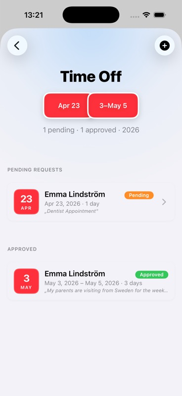 The Time Off list showing a pending request from Emma LindstrΓΆm for 14β16 April
