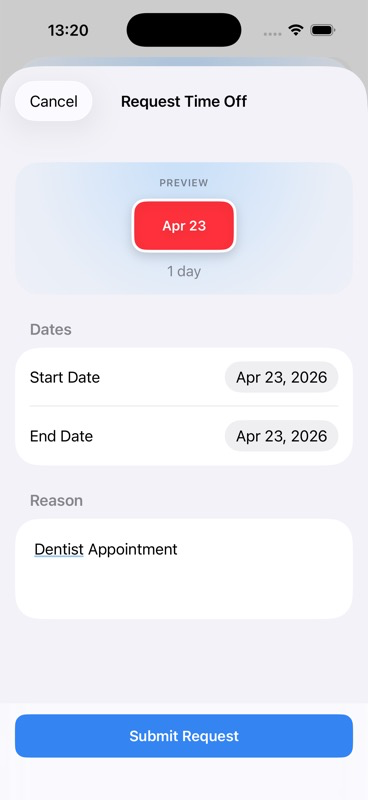 The request form showing Start Date, End Date, and Reason fields with a Submit Request button